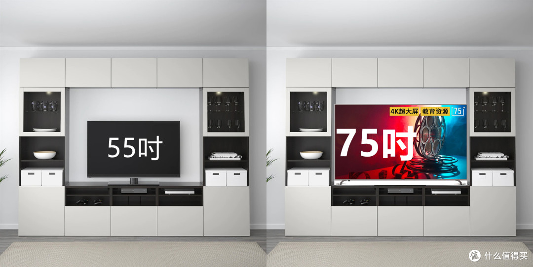 上图为宜家标准电视柜，尺寸可查1.8米，所以参照比例可见55英寸到75英寸的巨幅提升