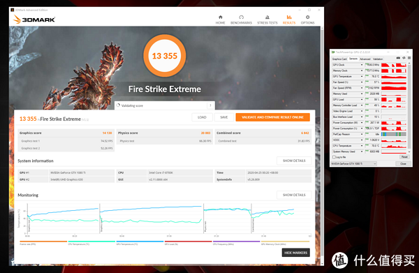 3DMark FSE得分13355，显卡分14130，GPU温度76°C，GPU峰值功耗267.1W