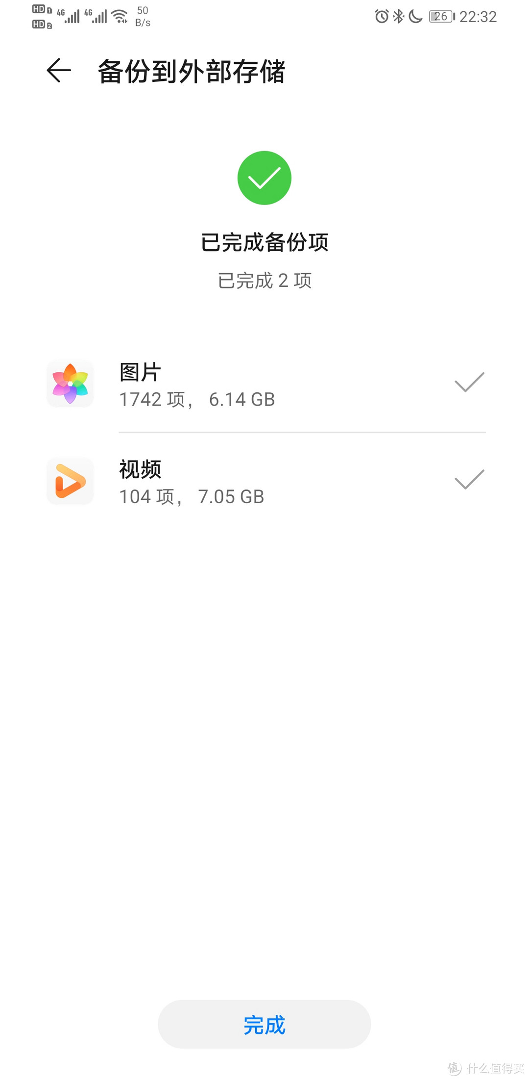 传输了1742张6.14G照片和104项7.05G视频，结束时22点32剩余电量26.这是没有外接电源情况下纯手机供电备份的结果。大概5分钟左右备份了13.19G的图片和视频用掉手机3%电量