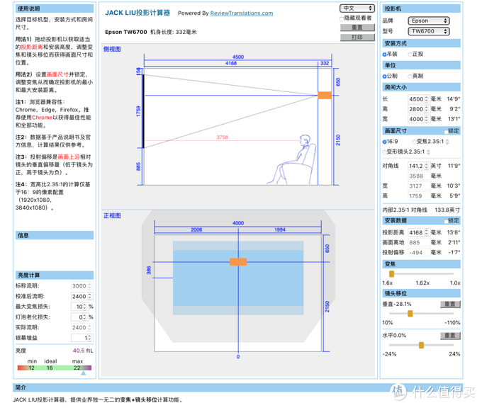 TW7000没有收录，用同样镜头组的TW6700代替，4.5米的客厅极限状态可以投140寸，优化亮度40.5FTL，可以看到大面积的四向镜头位移范围