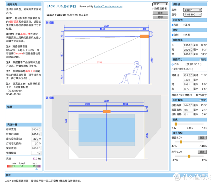 未收录TW7400，用TW8300替代，4.5米客厅极限状态可以投134寸，优化亮度2000流明，可以看到非常巨大的镜头位移范围