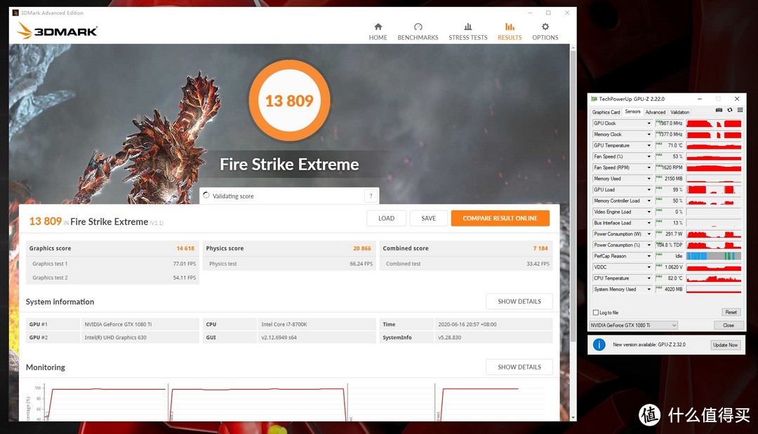 3DMark FSE得分13809，显卡分14618，显卡温度71°C，功耗291.7W