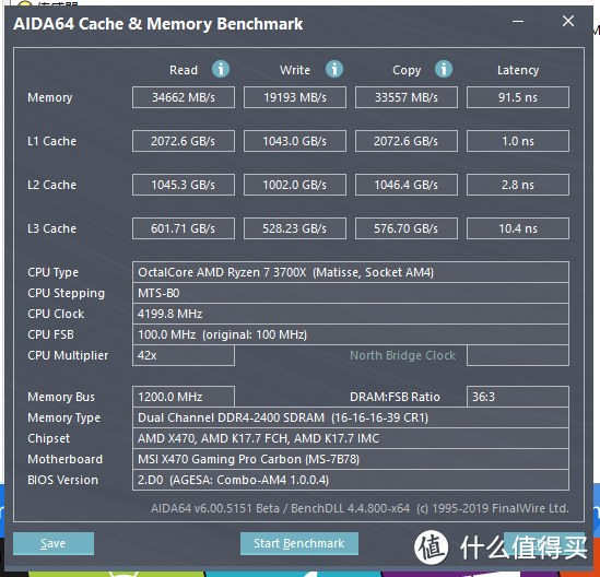 AIDA64内存缓存测试截图（2400MHz）