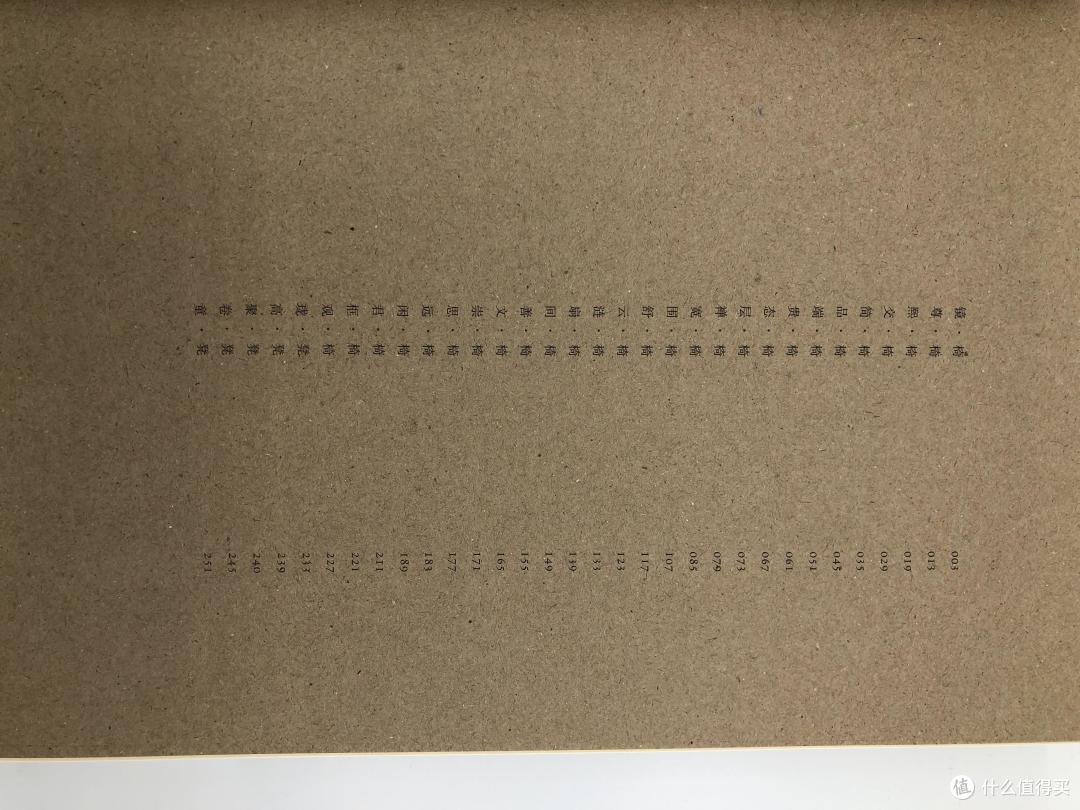 目录页。用词依旧克制，沿袭了洪卫的家具系列的单字命名体系。但众所周知，面对着数量庞大的待命名对象，对命名规则的制定和选字有着很高的要求。单看这样的目录，对了解内容的帮助颇为有限，可能也无法从字面了解家具的设计体系和作者声称的对未来有所思考的结论