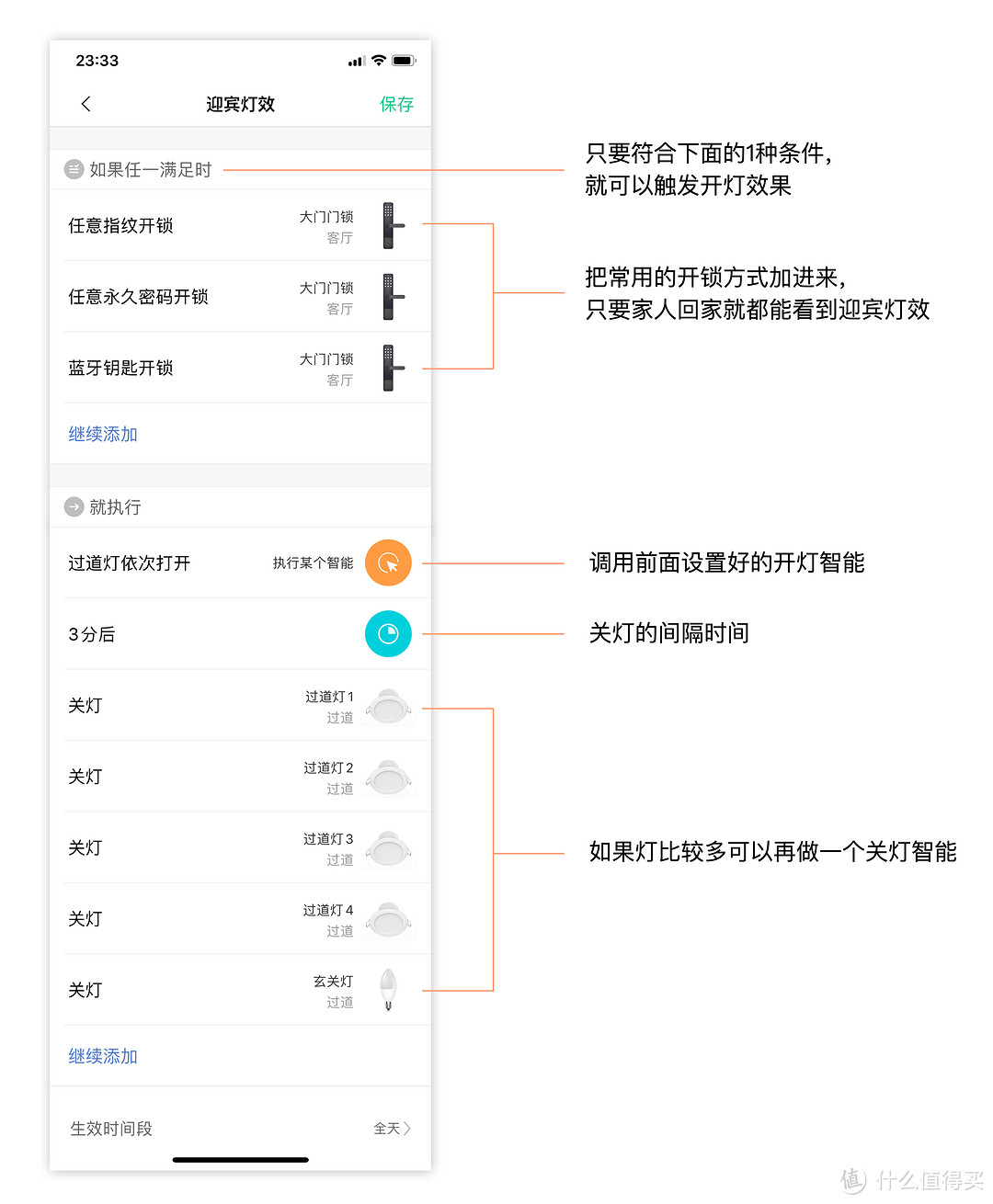 ↑设好开门条件，加入开灯智能和延迟关灯的指令就搞定了