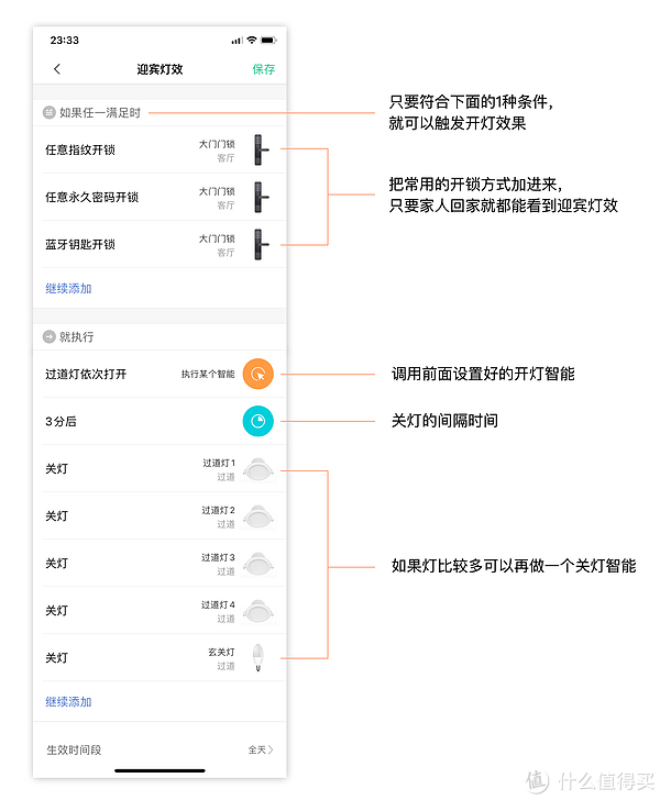 ↑设好开门条件，加入开灯智能和延迟关灯的指令就搞定了