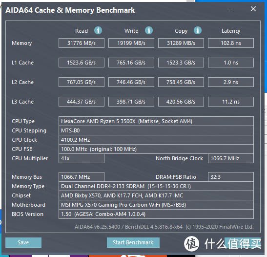 AIDA64内存缓存测试截图(2133MHz)
