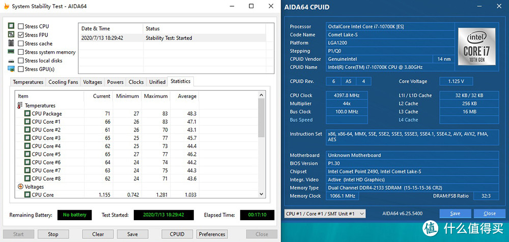 i7 10700K处理器 AIDA64(单钩FPU) 满载测试 温度表现（金属网上盖）