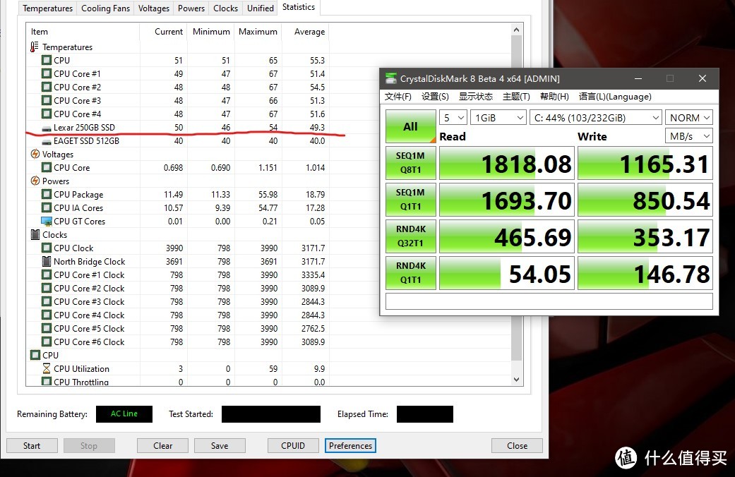 Diskmark测试期间，峰值温度最高摸到54°C，最低温度也有46°C！