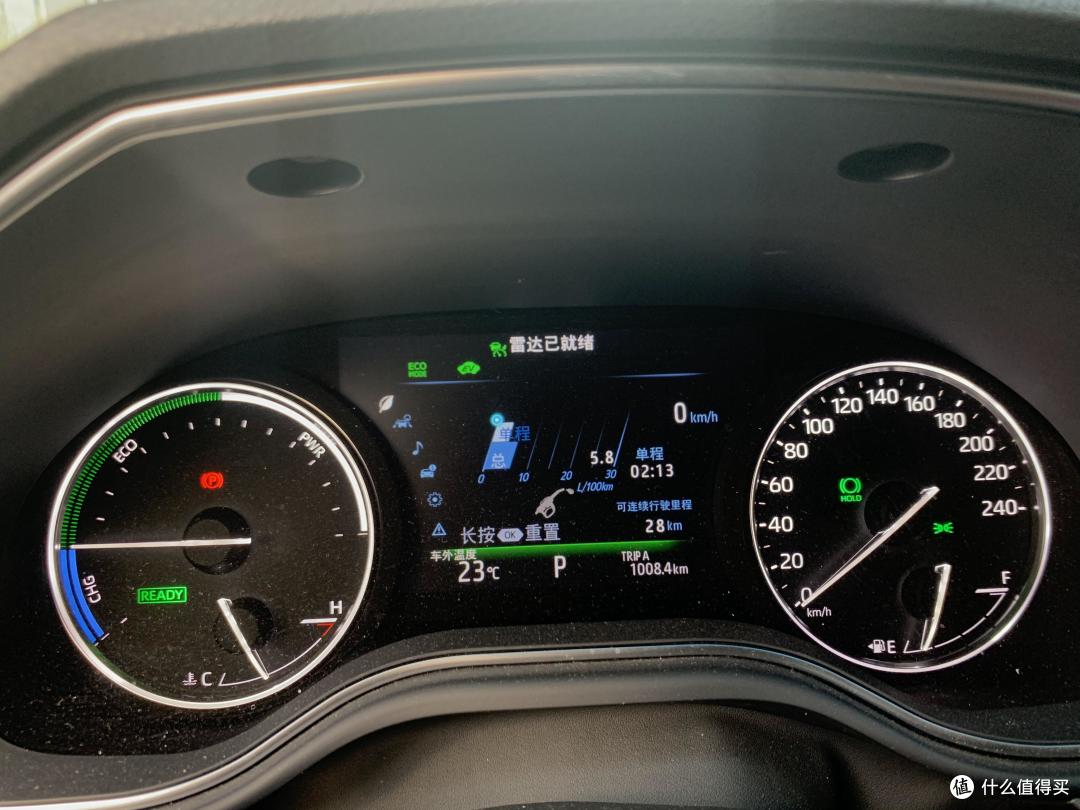 看右下方TRP A 1008.4KM，这是我加完油后清零的，这箱油还剩半格，大概还能开40公里，就是说一箱245块钱的油可以开1050公里，猛的一批。