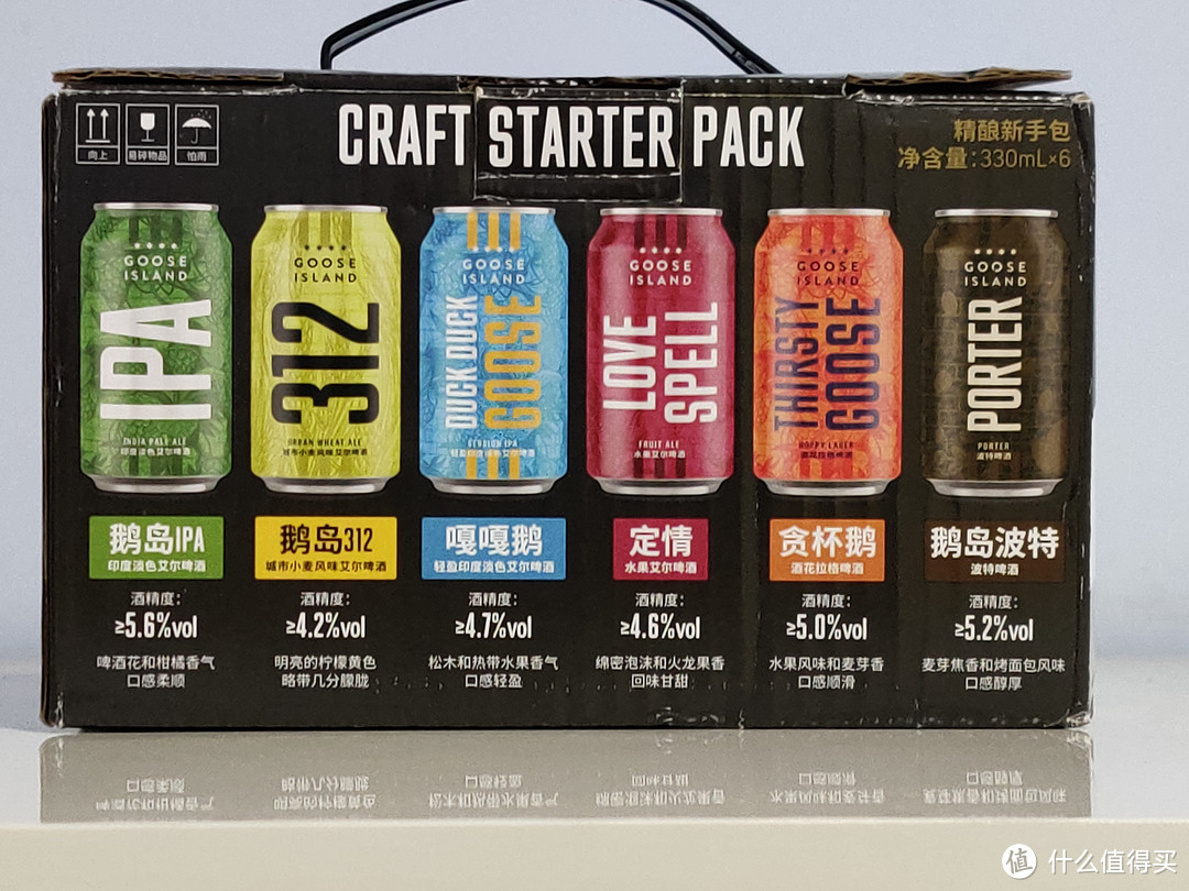 简单的纸盒包装，正面标注了每种啤酒的口味和度数