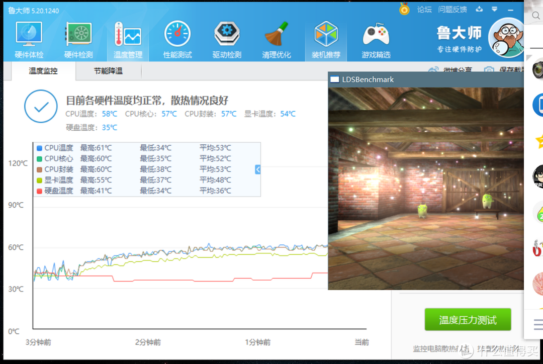 不加盖子测试出来的温度  最高温度降了30度左右 