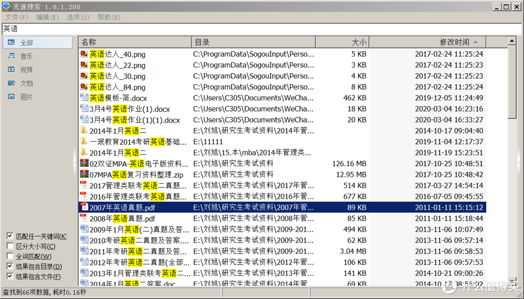 这是搜索很具象的关键词，本地共66项符合，耗时0.16