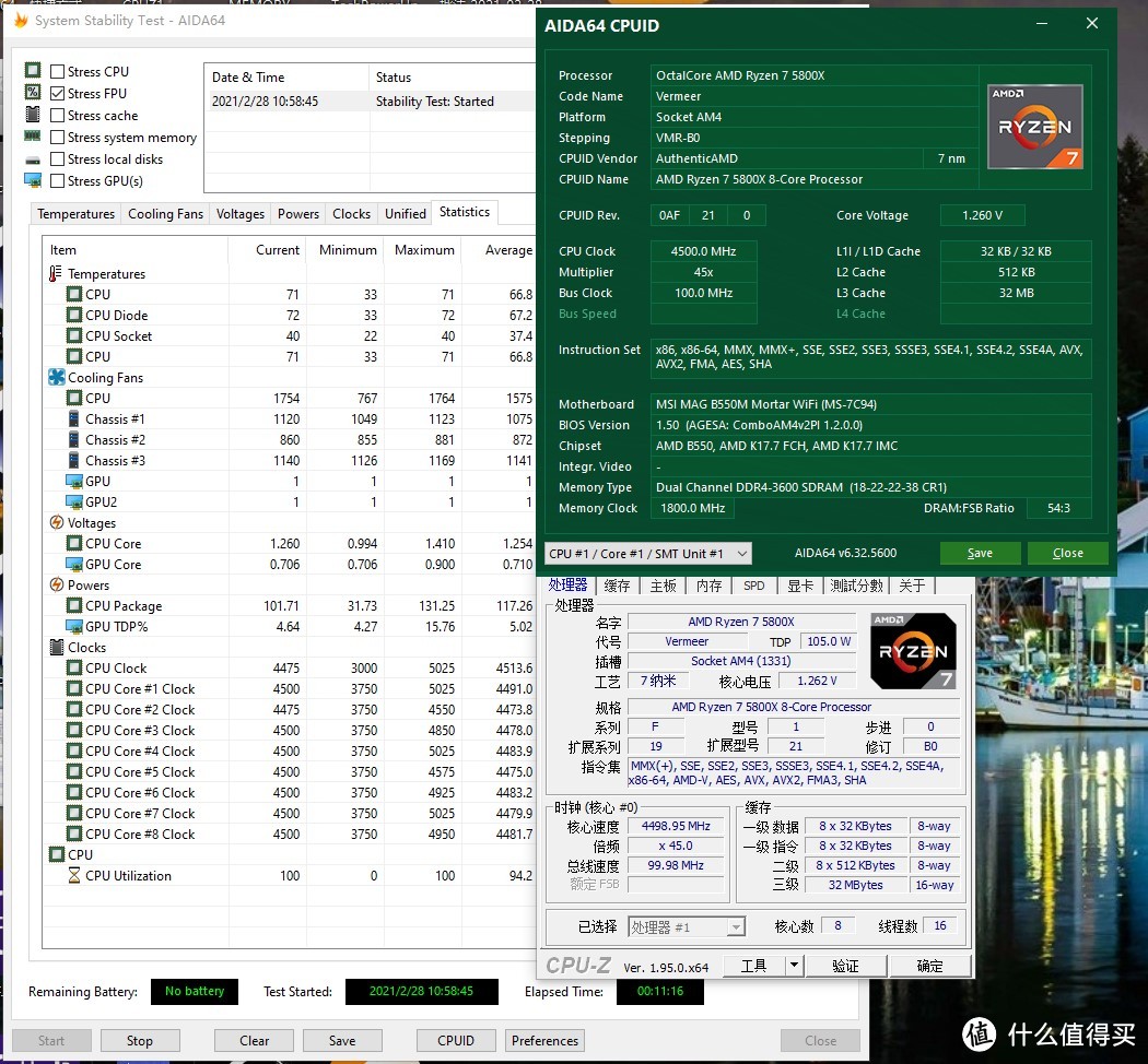 5800X 单烤FPU在满负荷之后基本为4.5G左右，温度保持在71度