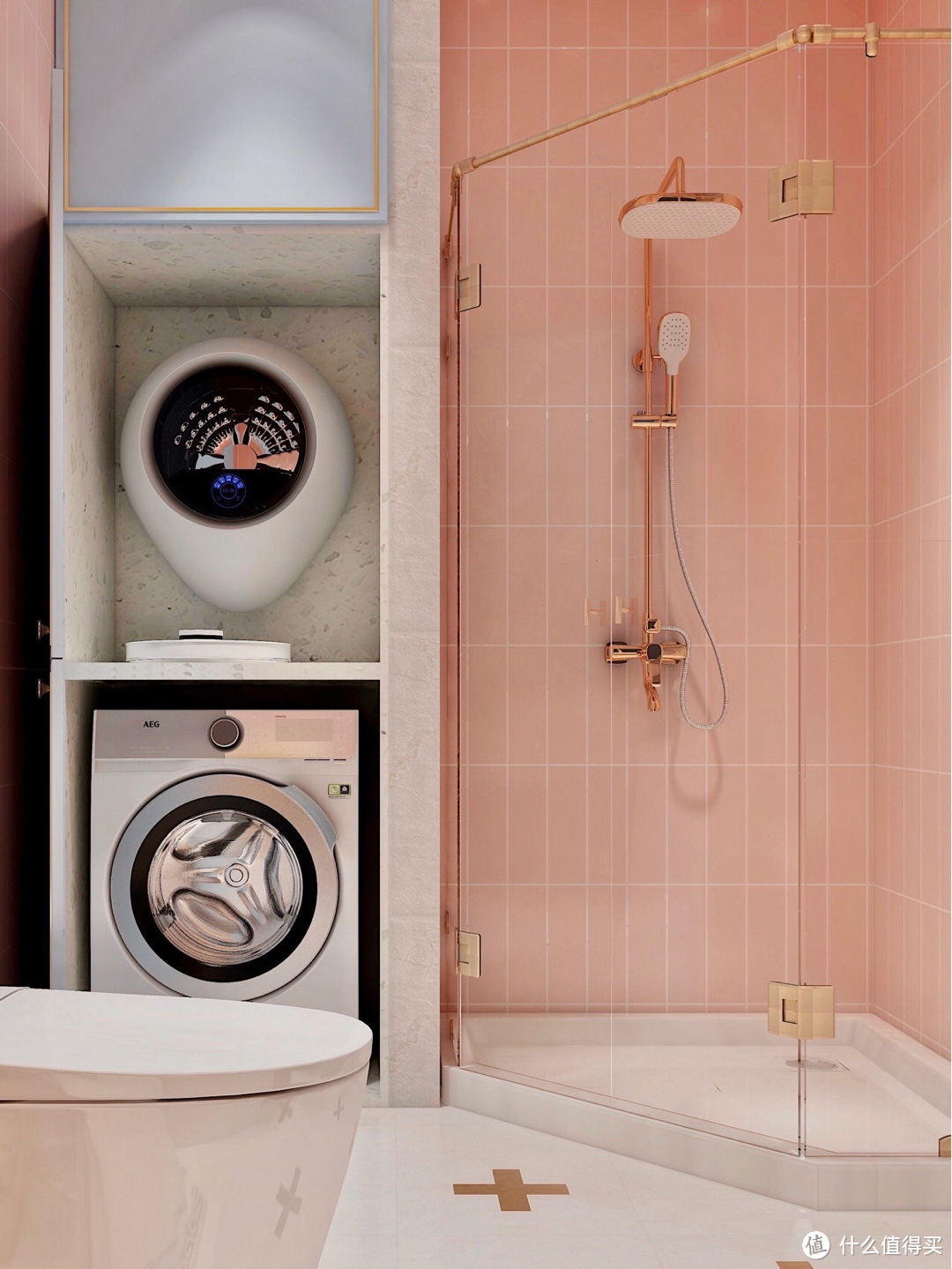 北欧少女心卫生间✨粉蓝+智能马桶+隐藏洗衣机