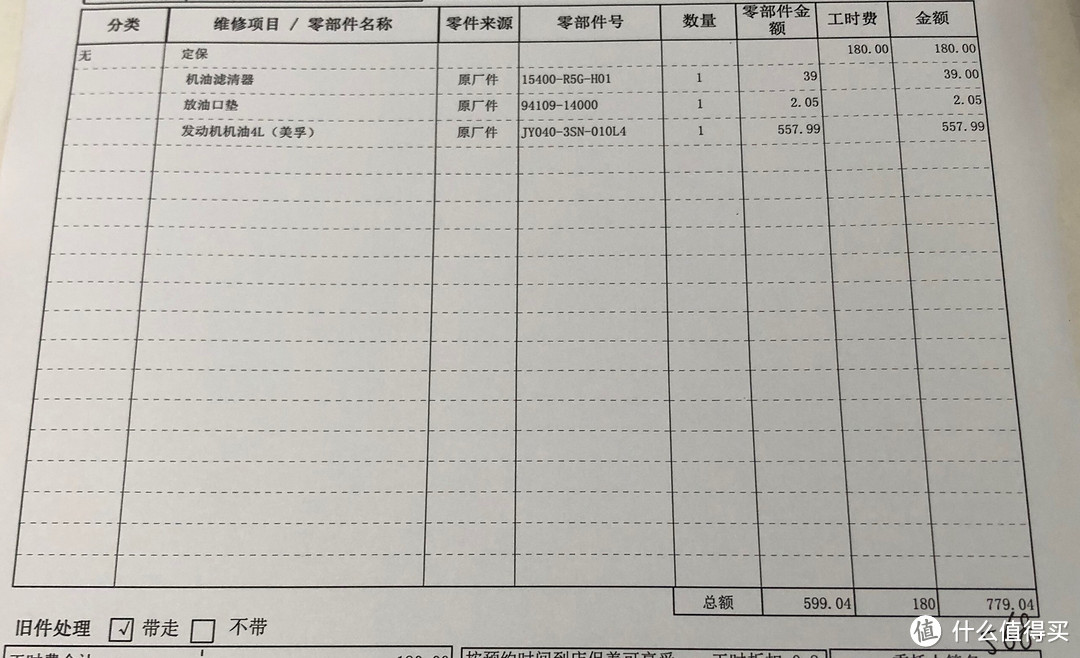 这次在４Ｓ店做常规小保养的价目表，费用是568元。