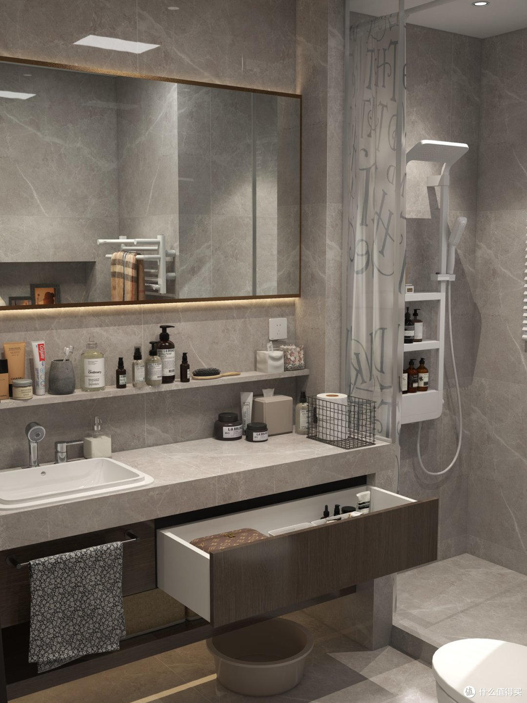 浴室装修设计 质感高级灰 多重收纳做起来 家居家装 什么值得买