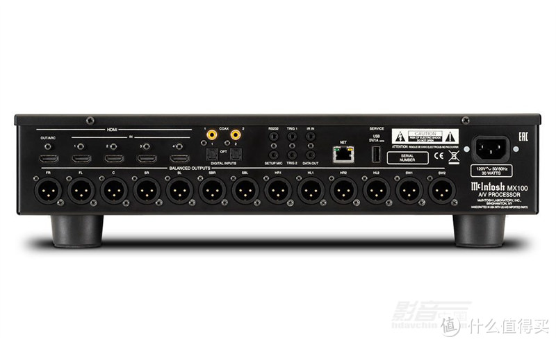 MX100背面板只有数字输入接口，支持13声道的全平衡模拟信号输出