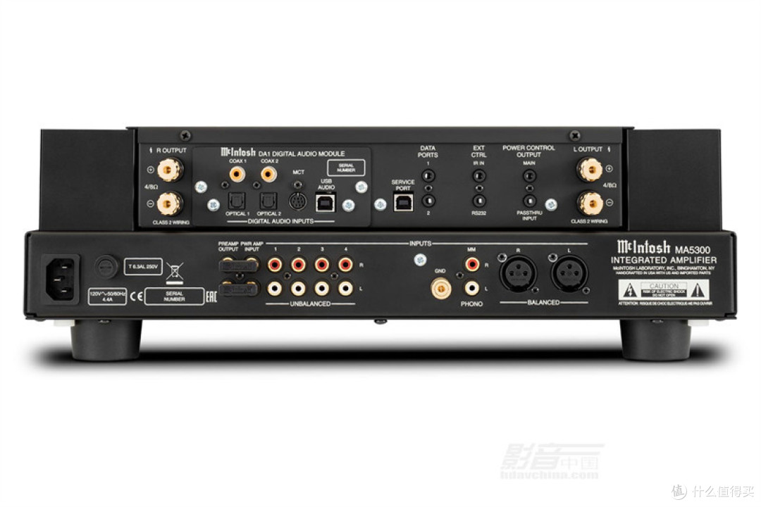 McIntosh MA5300解码合并功放一体机自身装载了DA1数字音频解码模块，同时还提供MM唱头放大器输入，而且功放的前后级部分可以独立作为前级，或后级使用