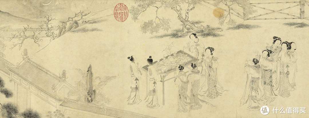 明四家之一的仇英《乞巧图》(局部),画中左侧的女子们围聚在供奉桌