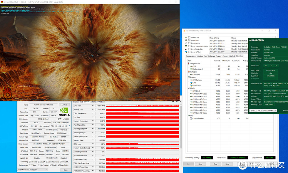 直接FPU烤机和furmark 1080P+只勾选Burn-In和Xtreme Burn-in，此时CPU功耗接近130W，显卡接近400W，（下图有功率计显示575W左右浮动）