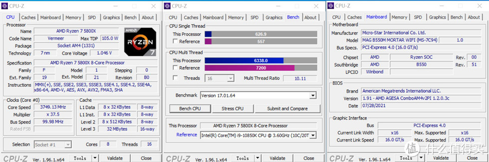 5800X的CPUZ测试单核626.9多核6338