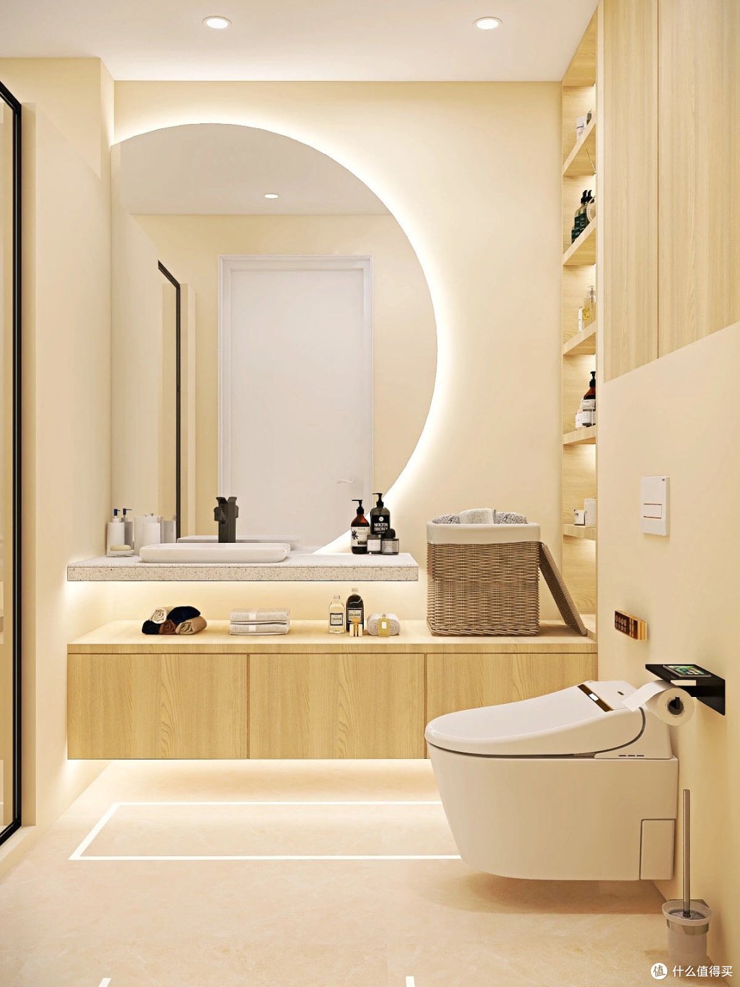 奶油色系浴室装修智能壁挂马桶提高浴室实用性