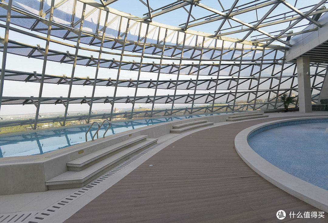 室外的游泳池上面的顶是没有玻璃，可以收起来密闭式也可以是打开变敞开式