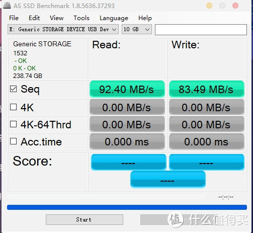 AS SSD 空盘10GB测试结果。因为TF卡的4K随机速率过慢，所以在10G测试中直接放弃4K随机测试。