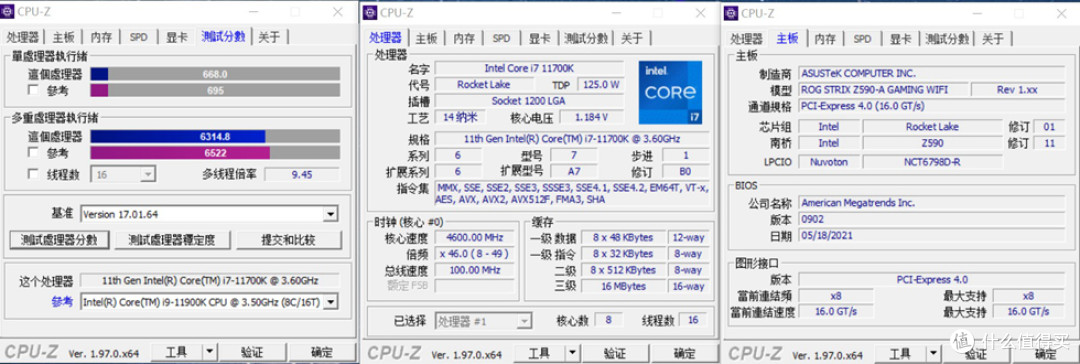CPU-Z V1.97 测试11700K默认状态下为单核668多核6314.8