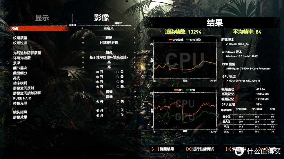 古墓丽影·暗影在4K最高特效开启光追下测试平均84FPS