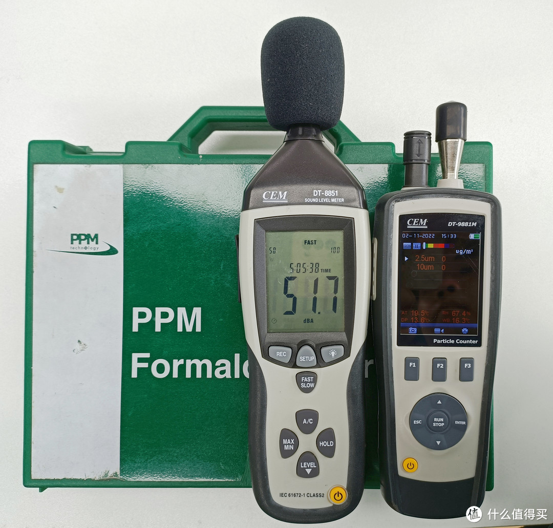 （上左：噪音检测仪，上右：颗粒物检测仪，下：甲醛PPM）