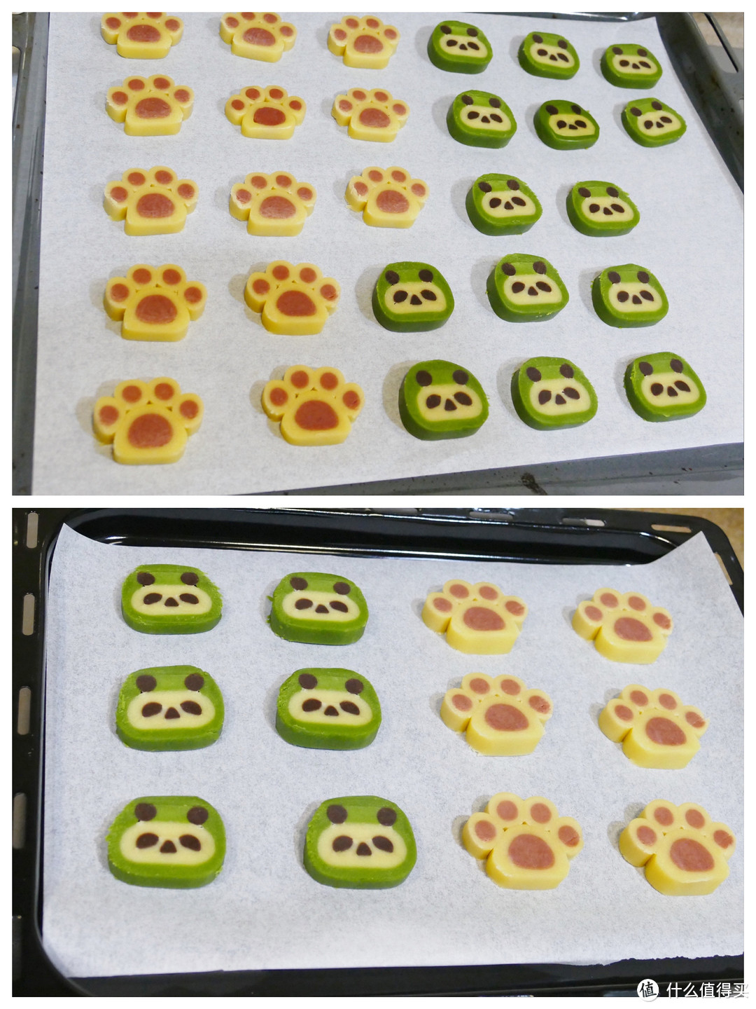 上图柏翠烤盘里的熊猫饼干面团，由于切的时候没有把握好，左侧边缘处有毛边，导致最后成品的边缘处不平整，非烤箱烤制的原因造成。