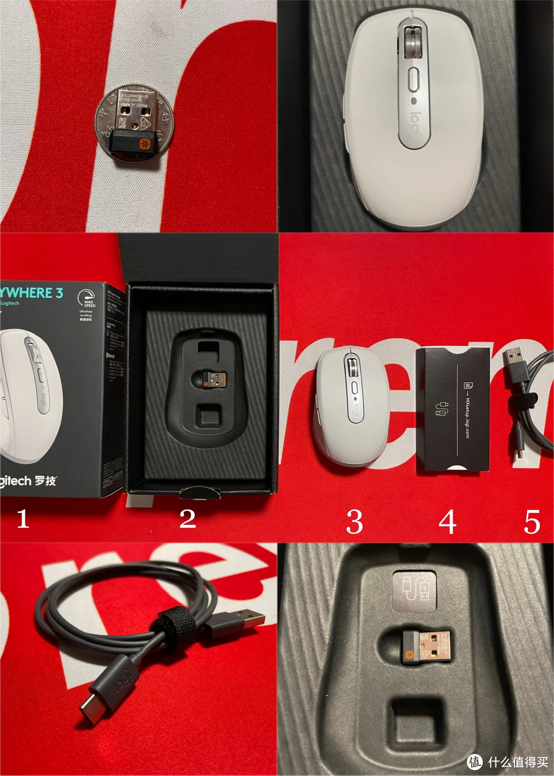1、外包装；2、内包装+USB适配器；3、鼠标本体；4、说明书；5、数据线