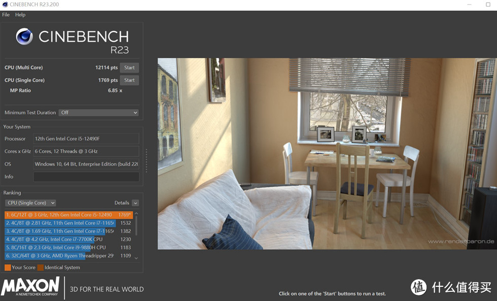 CineBench R23 测试成绩单核 1769，多核12134
