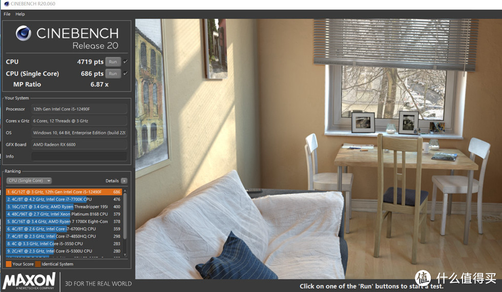CineBench R20 测试成绩单核 686，多核4719