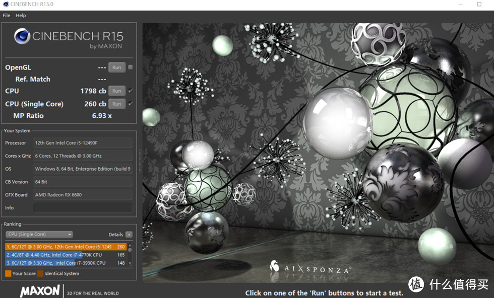 CineBench R15 测试成绩单核 260，多核 1798