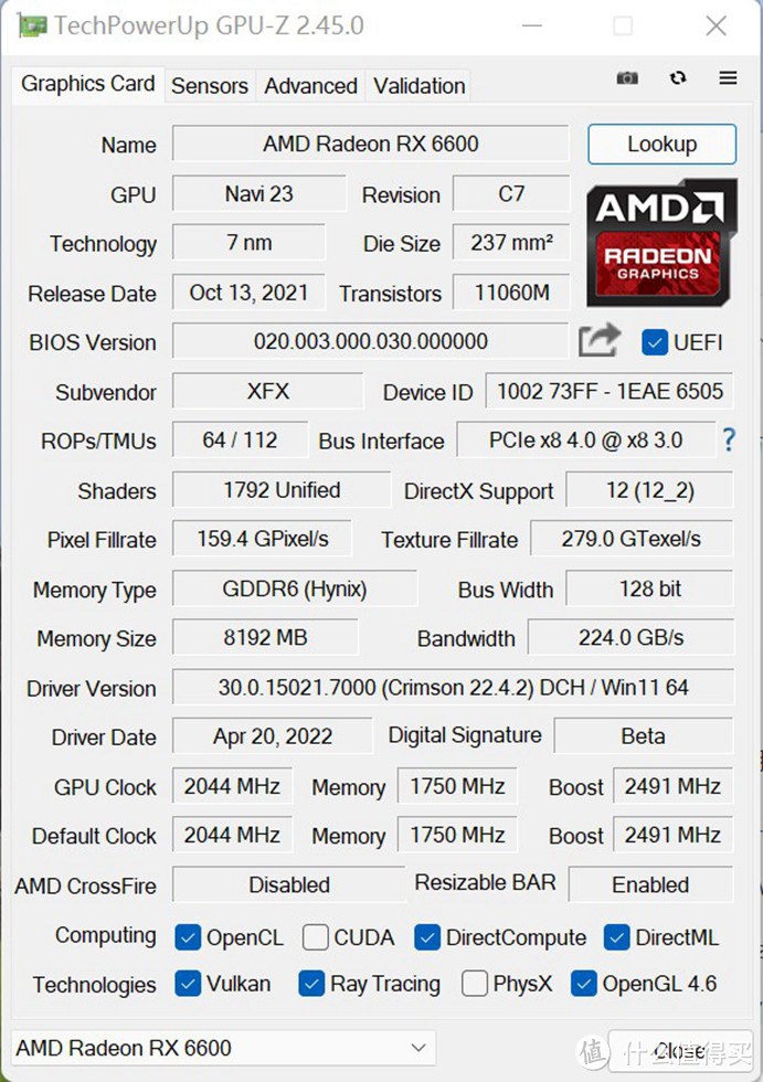 讯景RX6600黑狼显卡的GPU-Z信息