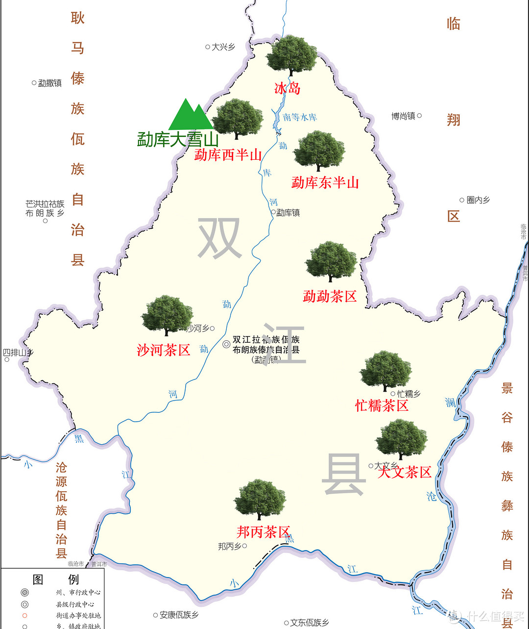双江县主要产茶区分布示意图（手工标注，仅供参考）