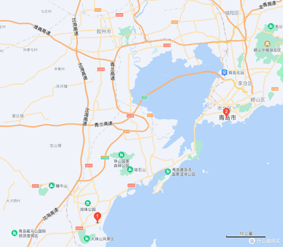 “2”是青岛主城，“1”是酒店位置