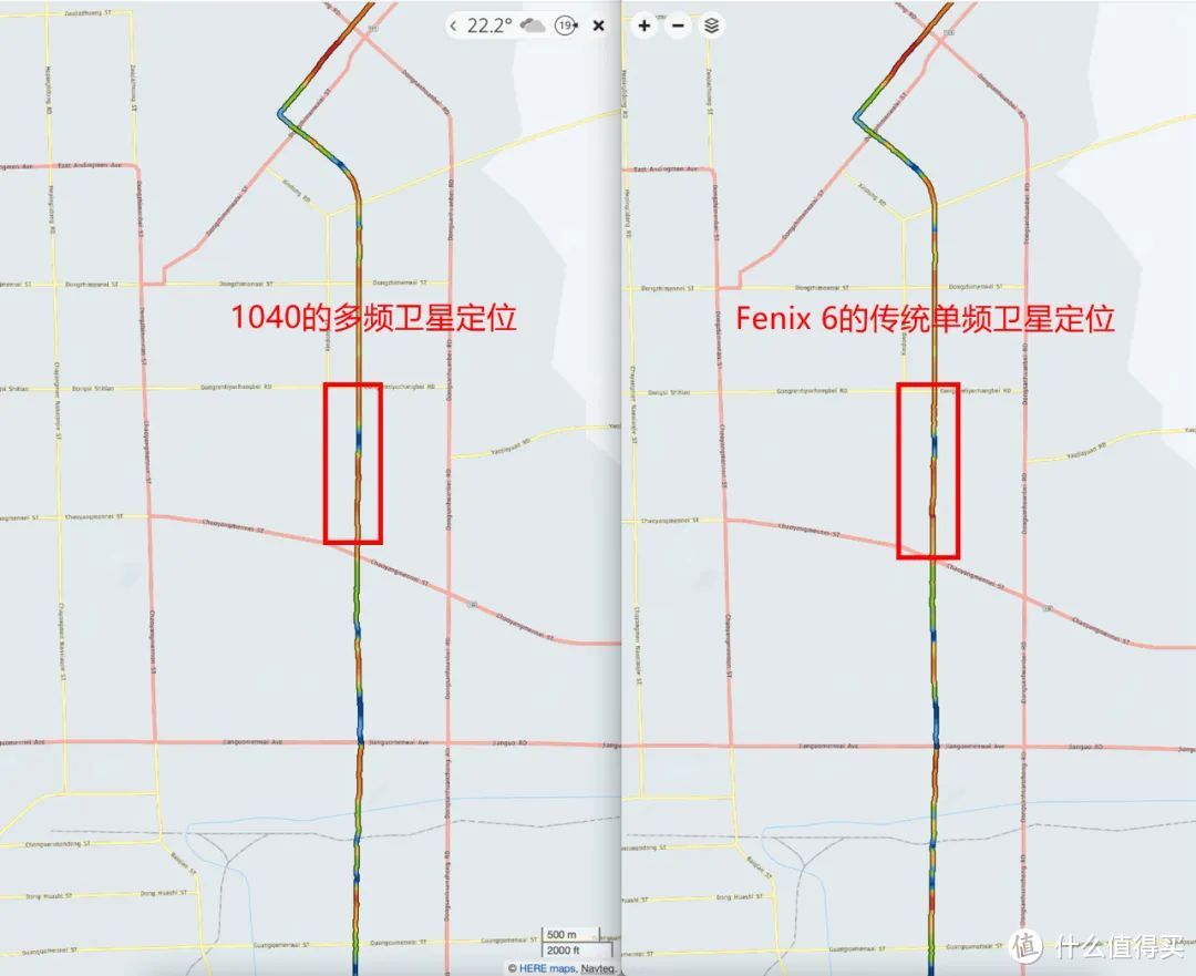 左侧1040，右侧Fenix 6，这段北京东三环的路线勉强能看出部分位置1040定位更精细一些