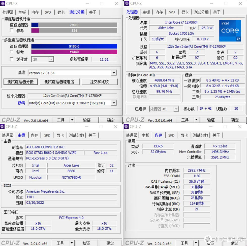 CPU-Z测试 12700KF 成绩单核790.9 多核9180