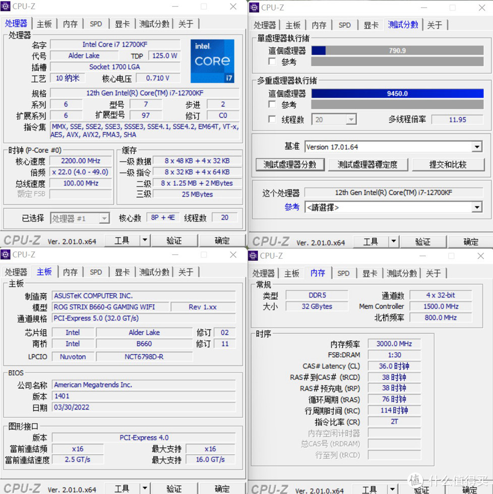 CPU-Z测试 12700KF单核790.9、多核9450，在默认的B660G下性能依然不错