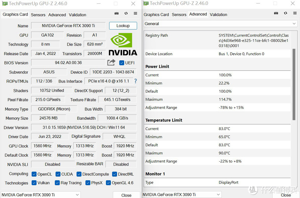 TUF 3090TI O24G GAMING的GPU-Z信息，8nm的GA102满血版参数，10752个流处理器，内存带宽达到了1008.4GB/S，BOOST频率可达1920MHZ