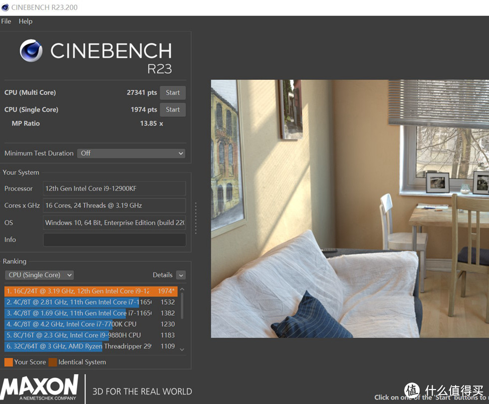 CineBench R23 测试单核1974，多核27341