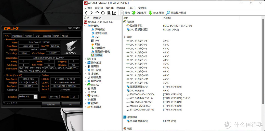 AIDA64 CPU温度保持在40多左右（待机时）