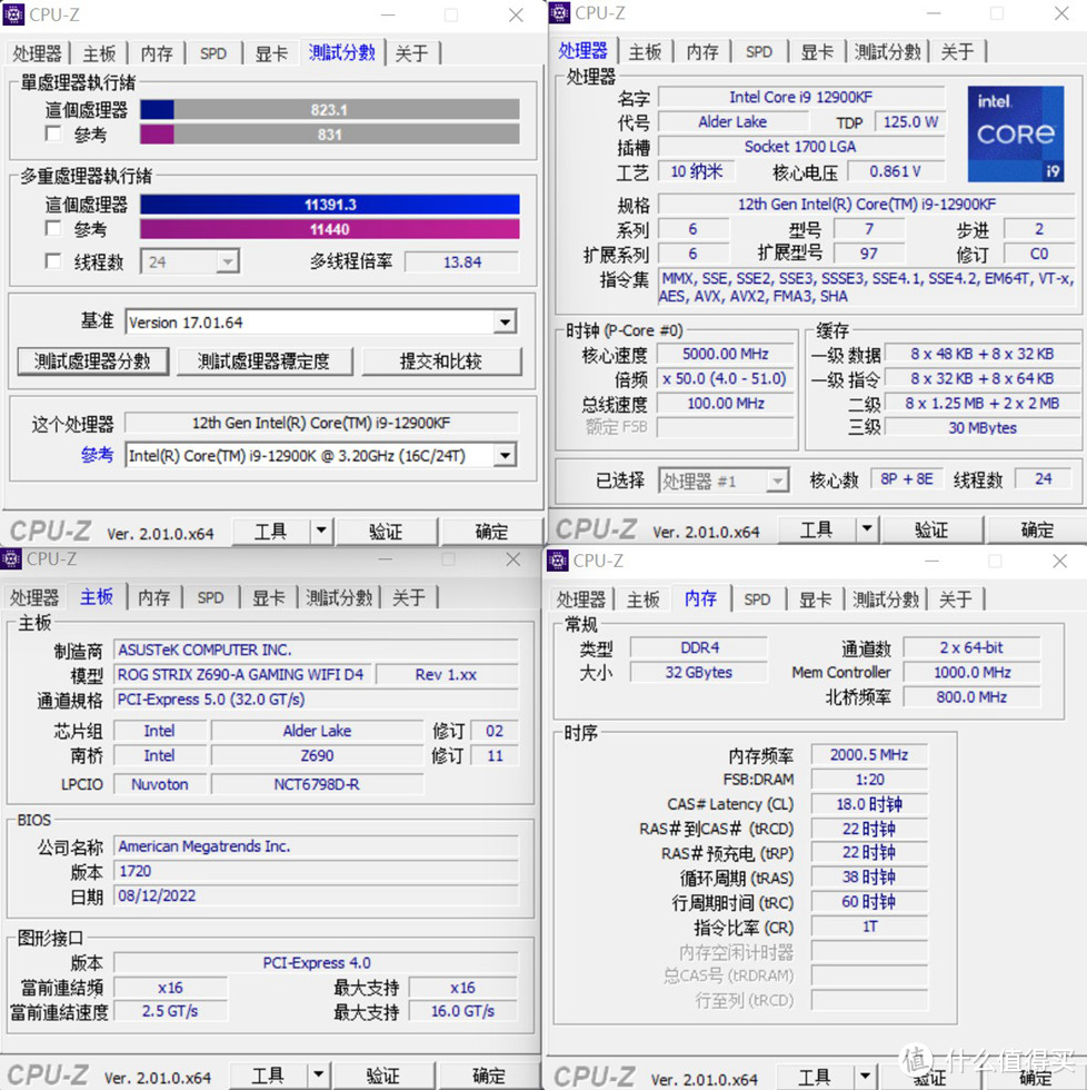 CPU-Z测试 12900KF单核823.1、多核11391.3