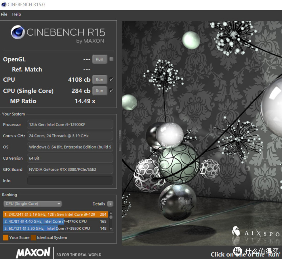 CineBench R15 测试单核284，多核4108