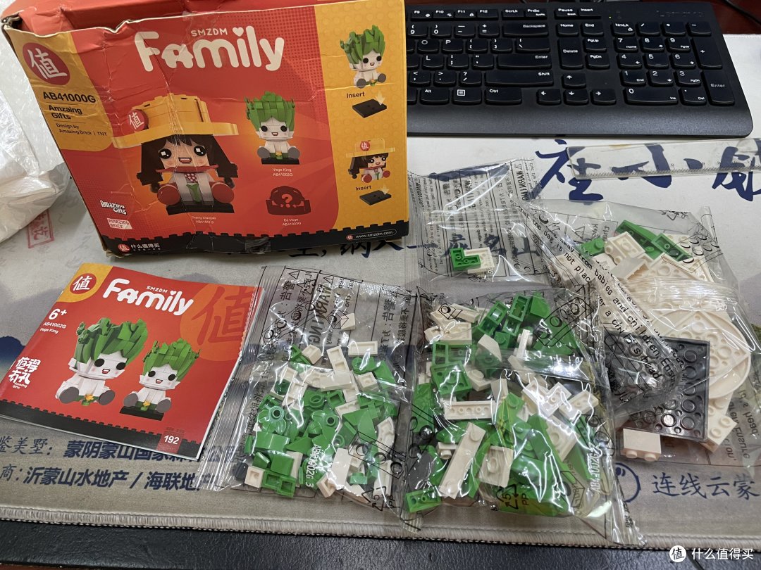 鼠标垫脏兮兮的，各位看官请见谅。一共四袋版件，其实三件为大中小型配件包。另外一个只有两块的，估计是补丁包。还有一本小册子。菜王这个玩具，我站拥有的人应该不算多吧。