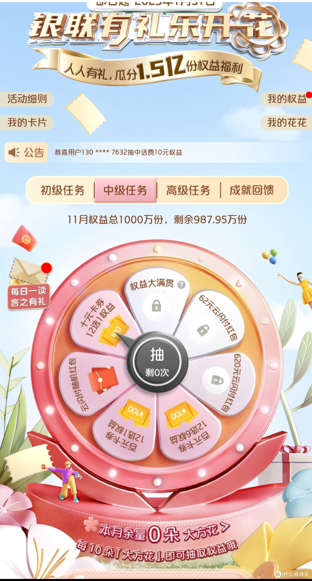 云闪付银联有礼乐开花,教你最简单的每天都可以抽奖领红包,确定不要尝试一下?
